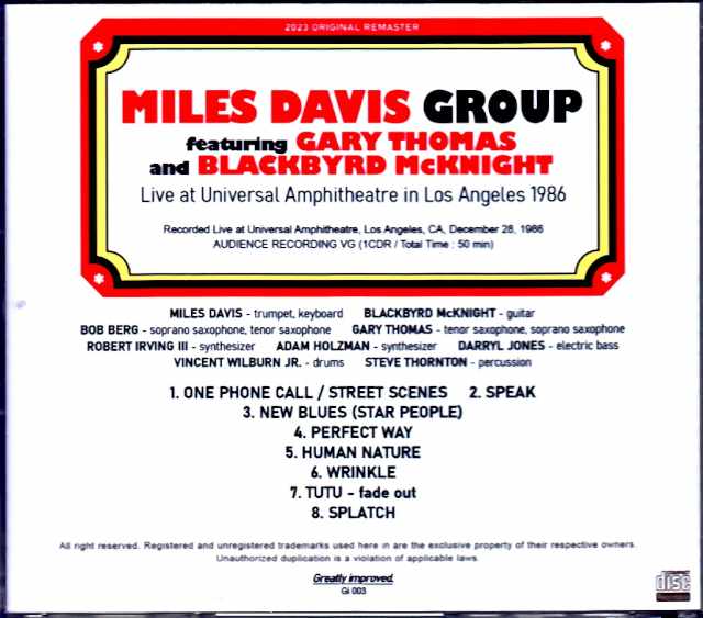 Miles Davis Group Gary Thomas Miles Davis Gary Thomas/CA,USA 12.28.1986 Upgrade